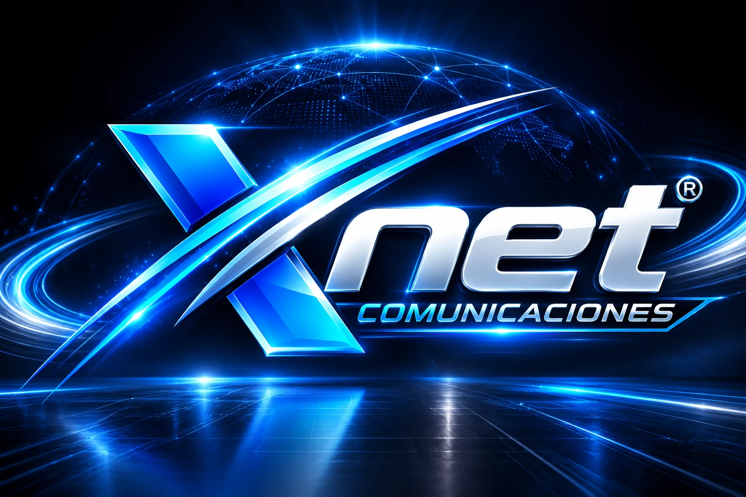 Logotipo original XNet Comunicaciones sobre un universo de conexiones azules